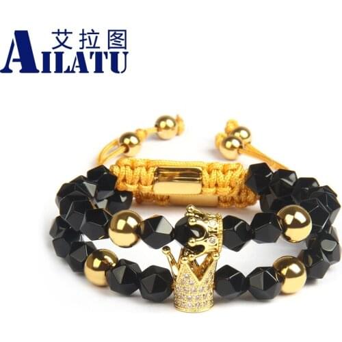 Ailatu New Couples Crown Sets Bracelet with 8mm Natural Faceted Cut Onyx Stone Beads Attractive Jewelry Unisex Classic Tension