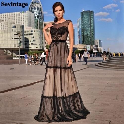 Sevintage Appliques Lace Long Prom Dresses Black and Champagne Tiered Dotted Tulle Evening Gowns 2021 Wedidng Party Dress
