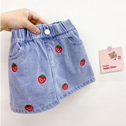 Hollead Denim Mini Skirts Girls Summer 2021 New Childrens Clothing Strawberry Embroidery Cotton Fashion Baby Girl A-Line Skirt