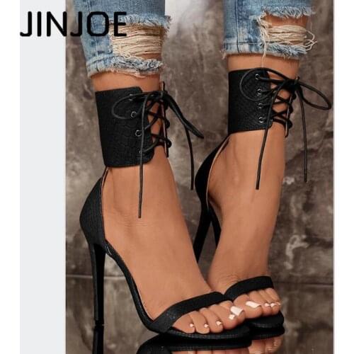JINJOE Woman sandals Snakeskin pattern High-heeled shoes Open toe Ankle strap Womens Shoes pumps sexy