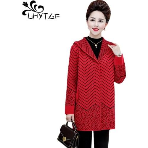 UHYTGF Quality double-sided cashmere spring autumn trench coat fashion stripe hooded windbreaker women 6XL plus size coats 1058