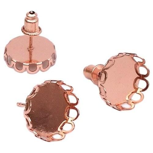 100 sets/lot Inner Size 10mm 12MM Rose Gold Brass Round Lace Earring Studs Blank Tray Setting DIY Jewelry Accessories Findings