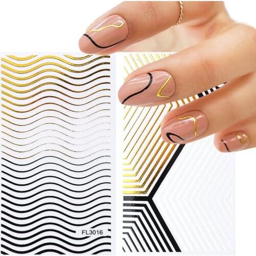 Geometry Lines Nail Stickers Golden Black White Retro Curve Stripe Decals Nails Art DIY Adhesive Decoration Slider BEFL3013-3024