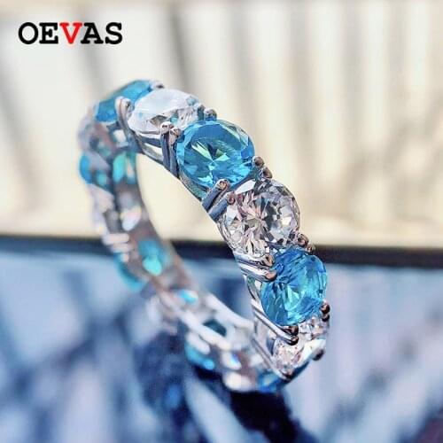 OEVAS 100% 925 Sterling Silver Sparkling 1 Row High Carbon Diamond Wedding Rings For Women Rubby Aquamarine Party Fine Jewelry