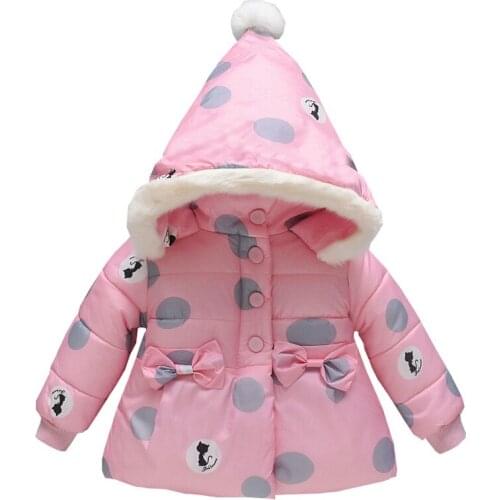 Autumn Baby Kids Girls Hooded Coat 2021 Winter Fashion Girls Cute Cartoon Dot Kids Bow Jacket Thick Casual Cotton Clothing 0-4y