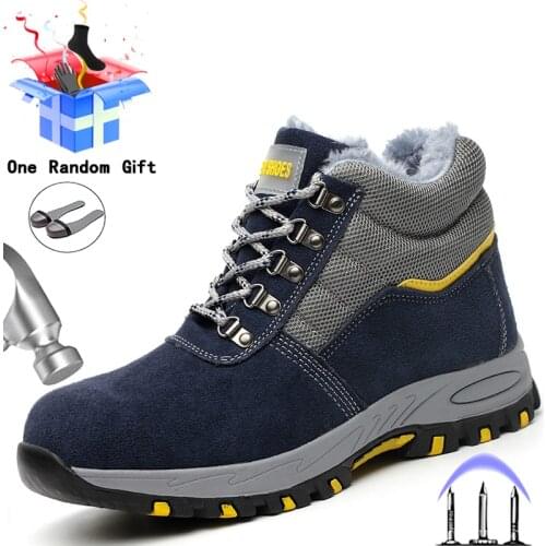Work Boots Men Plush Warm Work Safety Boot Indestructible Safety Shoes Men Winter Boots Anti-piercing Work Shoes Steel Toe Shoes