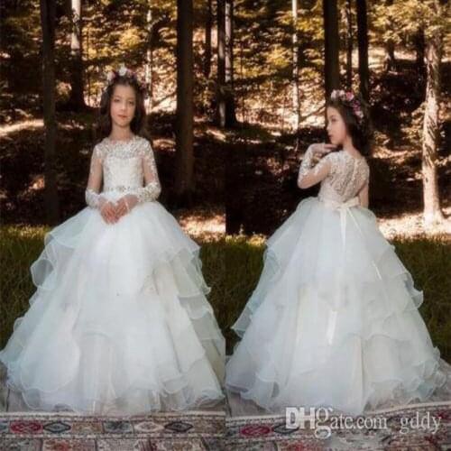 Long Sleeve Flower Girl Dresses Lace Applique Ruffles Girls Pageant Gowns Children A Line Kids Prom Party Dres