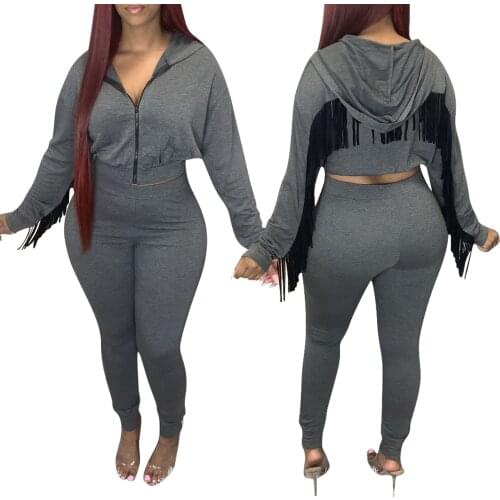 Women Solid Color Cotton Tassel Hoodies Sweatpants Set Two-piece Set Fall Clothes for Women Zipper Sweatshirts Jogging Pants Set
