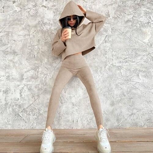Solid Color Sportswear Women Workout Outfit Hooded Long Slevee Sweatshirt And High Waist Legging Tracksuit
