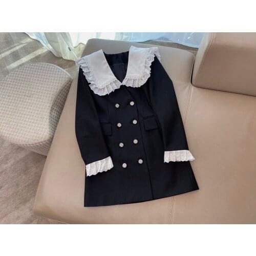 New Ladies Fashion 2021 Long Sleeve Contrast Navy Double Breasted Dress 1231
