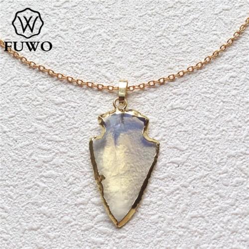 FUWO Natural Opal Stone Pendant Necklace With 24K Gold Filled Fashion Hand Carved Quartz Arrowhead Necklace For Women NC050