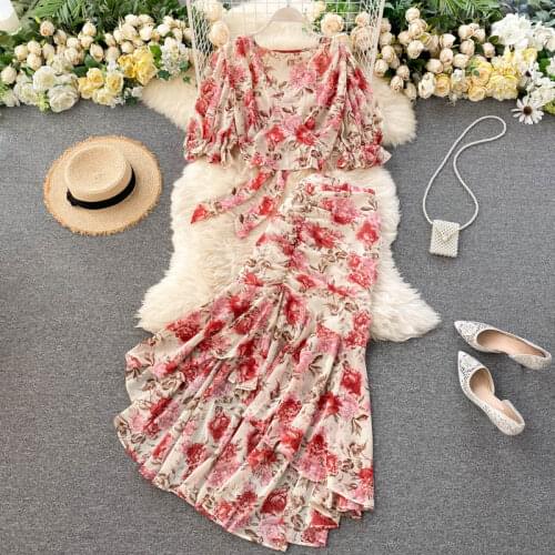 Womens Spring Summer Runway Fashion Flower Print 2 Pcs Chiffon Dress Female Sexy fish Tail Skirt Chic Slim Beach Dress TB1748