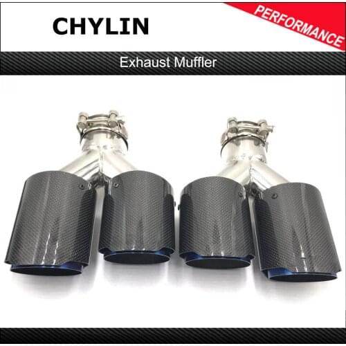 1 Pair: Glossy Carbon fiber +Blue Dual stainless steel universal exhaust end pipe+Glossy carbon car exhaust tip For Cars