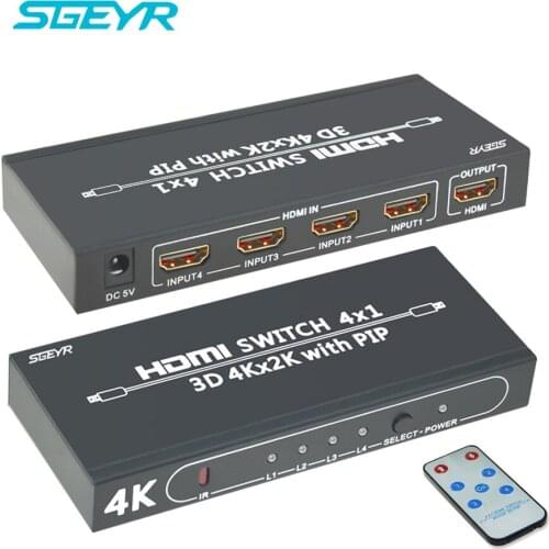 4 Port HDMI Switch PIP SGEYR 4x1 HDMI Switch Splitter 4 in 1 out Selector with PIP and IR Remote Control Support 1080P 4KX2K 3D