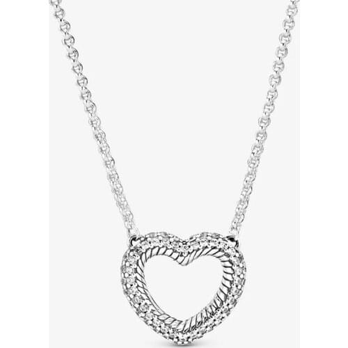 Free Shipping Authentic 925 Sterling Silver Pave Snake Chain Pattern Open Heart Collier Necklace Charm Women DIY Jewelry 45cm