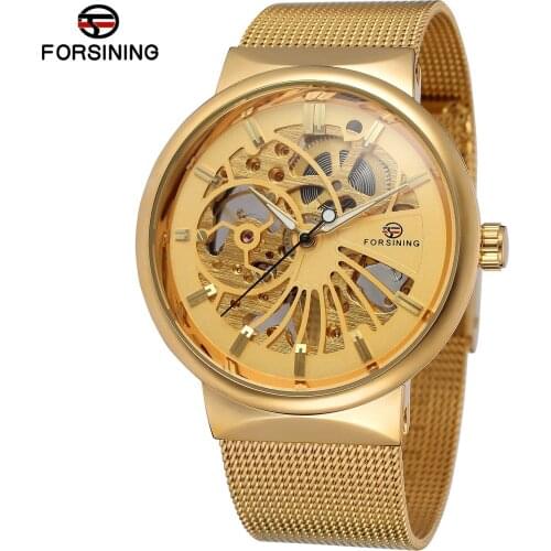 Fashion Forsining Top Brand Luxury Golden Watches Mens Automatic Mechanical Movement Mesh Strap Ultra Thin Stainless Steel Band
