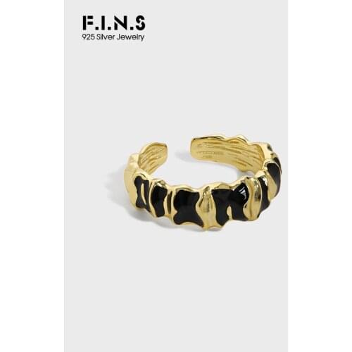 F.I.N.S Korean Original Design Folds Black Enameled S925 Sterling Silver Open Ring Irregular Open Finger Rings Finger Jewelry