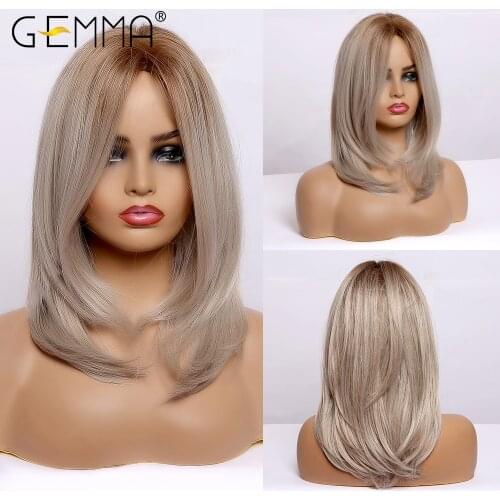 GEMMA Medium Length Straight Bobo Synthetic Wig for Women Ombre Honey Brown Gray Middle Part Layered Cosplay Heat Resistant Hair