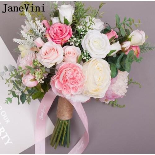 JaneVini Elegant Wedding Bride Bouquet Real Touch Silk Artificial Roses Peony Pink Wedding Bouquets for Bridal Bouquet Mariage