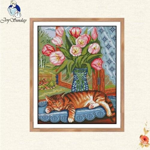 Joy sunday Lovely Cat and flowers Chinese Counted Cross Stitch Pattern Painting DIY Needlework 11CT 14CT Printed On Canvas DMC