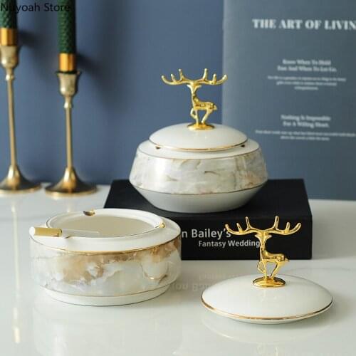 Nordic Anti-fly Ash Ceramic Ashtray Home Living Room Creative with Cover Personality Light Luxury Home Living Room Decoration
