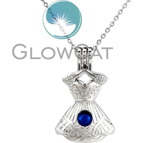 KK881 Women Evening Dress Shape Beads Cage Essential Oil Diffuser Aroma Pearl Cage Locket Necklace Girl Friend Gifts