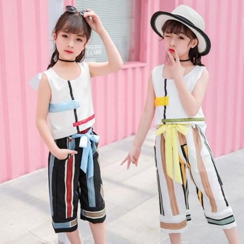 2PCS Girl Clothes Sets Chiffon Lace Sleeveless T-shirt Tops Shorts Clothing Set With Bowknot Summer Teenager Casual Tracksuit