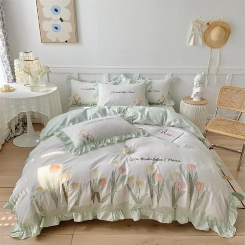 Princess Girls Bedding Set Washed Cotton Tulip Embroidery Duvet Cover Set Quilt Cover Bed Comforter Set Fitted Sheet Pillowcases