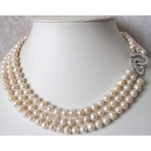Beautiful 3row 8-9 mm white Freshwater Pearl necklace 17-19"