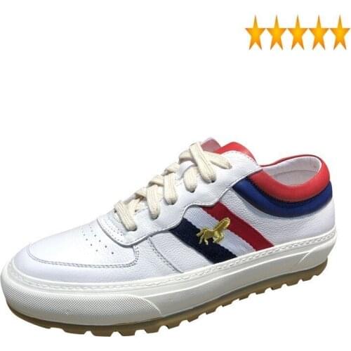 Fashion Mens Casual White Sneakers Lace Up Stripe Designer Thick Bottom Breathable Street Genuine Leather Walking Shoes