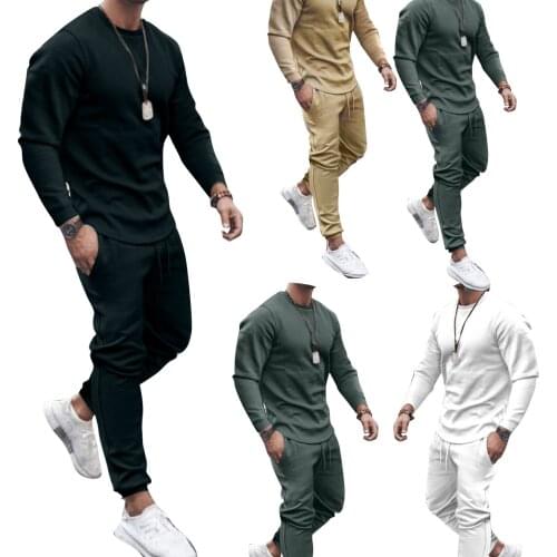 2-piece mens casual suit, mens solid color round neck long sleeve Pullover Top + spring and autumn pants with pockets