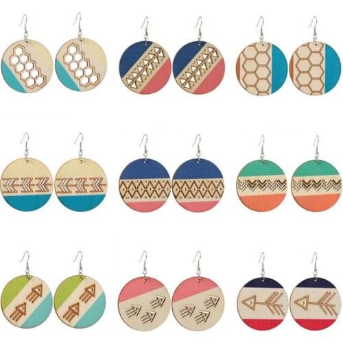 New African Fish Bone Honeycomb Pattern Round Dyed Wood Ethnic Earrings for Women Tibetan Jewelry Wholesale