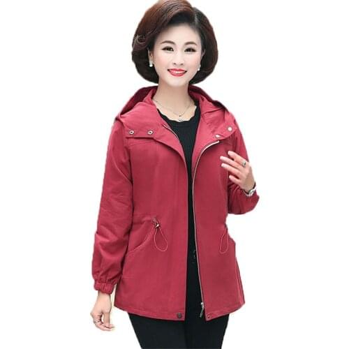 Middle-Aged Mothers Coat New Spring Autumn Womens Outerwear Mid-Length Plus Size Hooded Zipper Casual Windbreaker Jacket