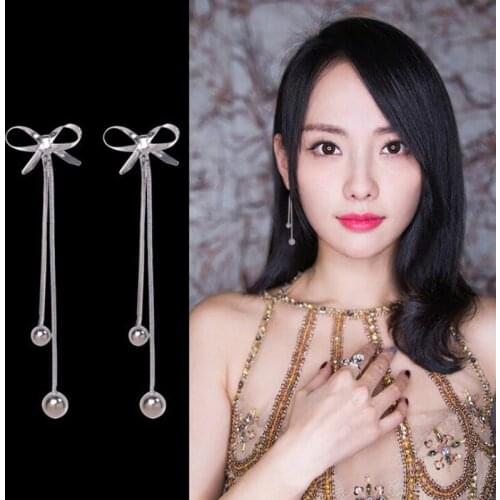 Grace Jun Korea Style Long Tassel Bow-knot Shape Clip on Earrings for Women Party Wedding Charm Pierced Earrings Not Allergy New