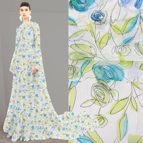135CM Wide 5MM Green Blue Rose Print Thin Silk Fabric for Summer One-piece Dress Shirt Clothes JH146