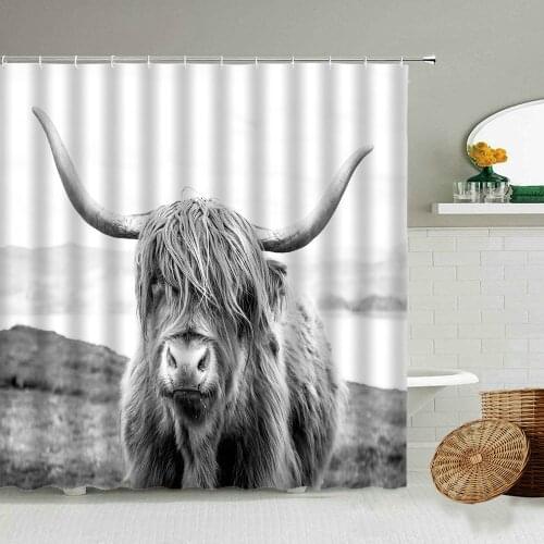 Highland Cattle Pattern Shower Curtain Wildlife Natural Landscape Bathroom Decoration With Hook Waterproof Polyester Screen Set