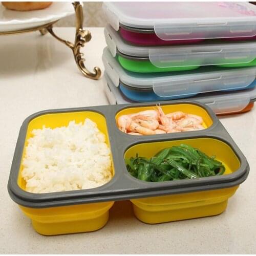 Collapsible Silicone Lunchbox Bento Folding Portable Bento Box With Fork 3 Grids Microwave Dinnerware Tools SN2103