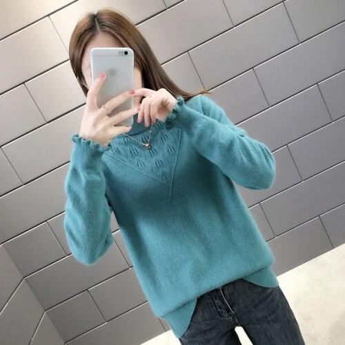 Turtleneck Loose Long-sleeved Sweater Female Hollow Ruffle Fashion Casual Bottoming Knitted Jumpers Pullover Spring Autumn