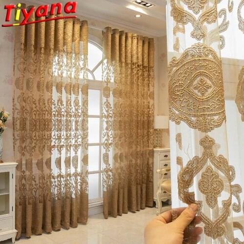 Coffee Color Luxury Jacquard Tulle Curtains for Living Room European Style Noble Semi-Blackout Brown Window Drapes for BedroomVT