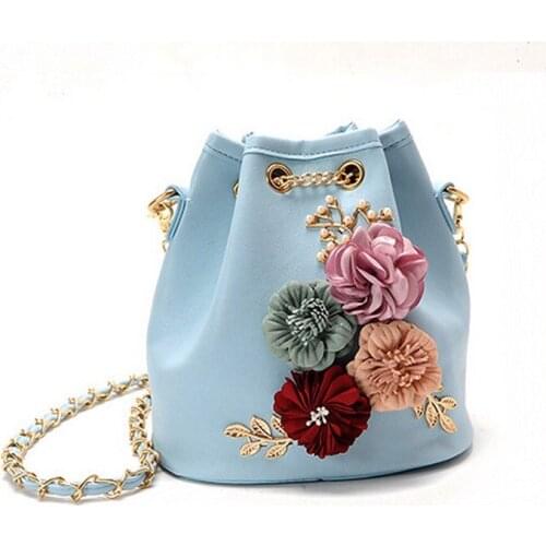 Ladies Bucket Bags Handmade Flowers Mini Shoulder Bags Chain Drawstring Small Crossbody Bags Pearl Bags Leaves Decals