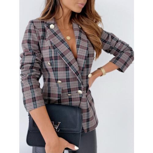 2021 Autumn Plaid Blazer Womens Coat Double Breasted Notched Button Female Coat Plus Size Fashion Office Elegant Lady Outerwear