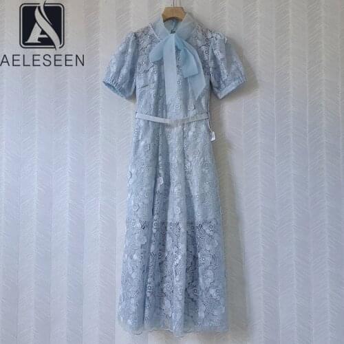 AELESEEN High Quality Runway Fashion Blue V-Neck Bow Flower Embroidery Lantern Sleeve Elegant Long Holiday Lace Dress For Women