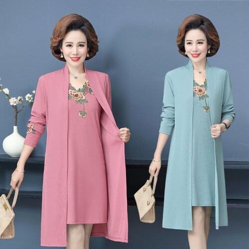 Middle-aged Female Dress Two-piece Suit Spring Autumn High-end Elegant Dress Womens Embroidered Dress Set Plus Size 5XL