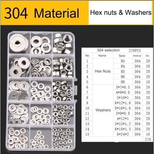 270pcs/set 316 304 Stainless Steel Washer Hex Nuts Flat Washers GB97 Standard Ultra Thicken Round Plainwasher M2M3M4M5-M36