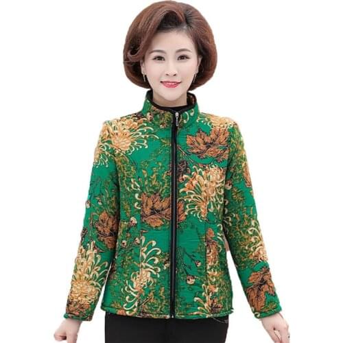 Middle-Aged Elderly Womens Cotton Coat Autumn Winter Jacket Short Printing Large Size Keep Warm Quilted Coat Parka Overcoat