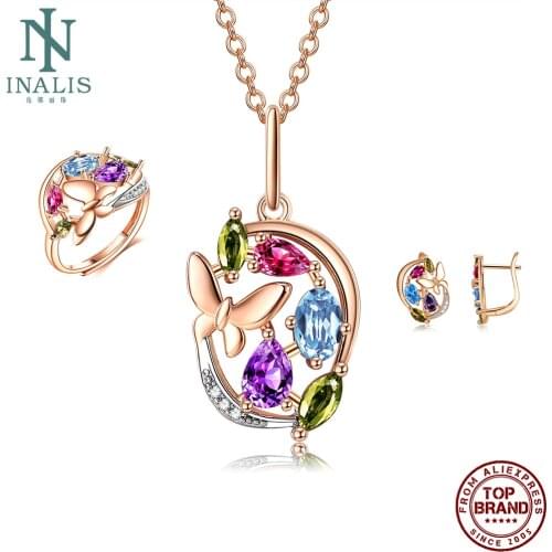 INALIS Butterfly Earrings Jewelry Sets For Women Colorful CZ Rose Gold Ring Fashion Jewelry Sets Anniversary Gift To Girlfriend