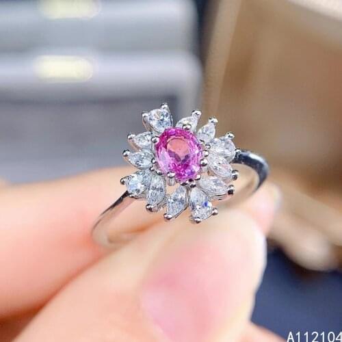 KJJEAXCMY fine jewelry 925 sterling silver inlaid natural pink sapphire girl exquisite elegant flower adjustable gem ring suppor