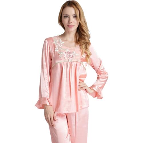 Lace Silk Pajamas Women Sleepwear Satin Pyjama Set Spring Autumn Pullover Lounge Set Long Sleeves Home Clothes with Embroidery