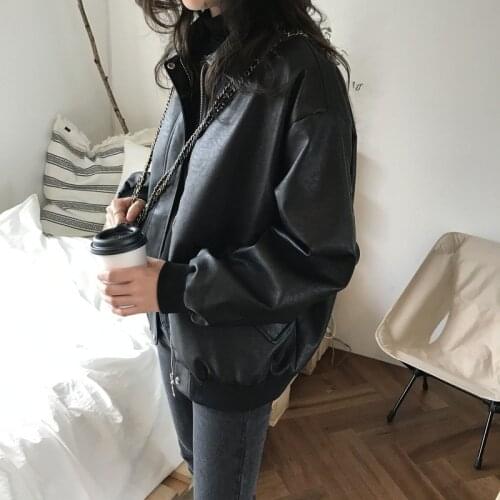 Pu Motorcycle Jackets Loose Streetwear Outerwear New Spring Coat Women Faux Leather Jacket Biker Red White Coat Turndown Collar