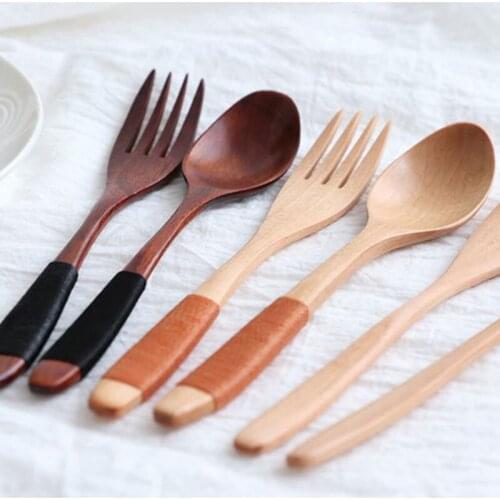 Reusable Elegant Retro Wooden Bamboo Cutlery Flatware Dinnerware Spoon Fork Portable Dinnerware Set